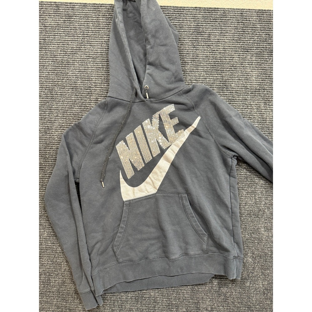 Nike Womens Sequin Logo Pullover Hoodie Black Faded Sweatshirt Size L Distressed